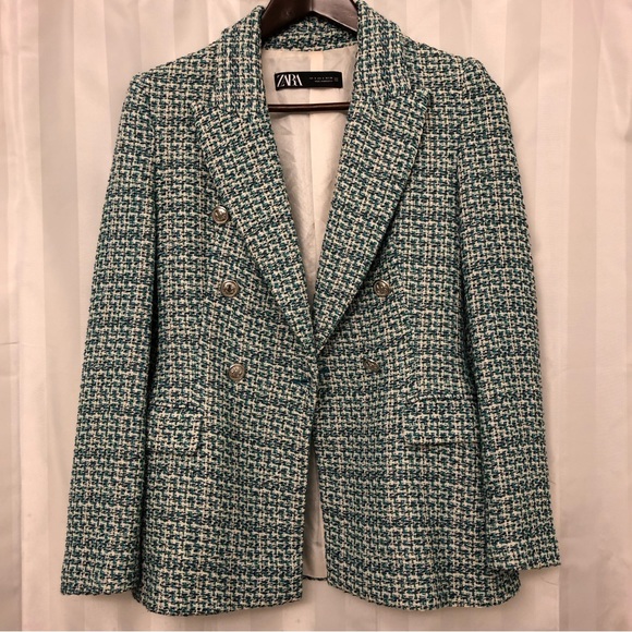 ZARA teal tweed blazer - Picture 2 of 7